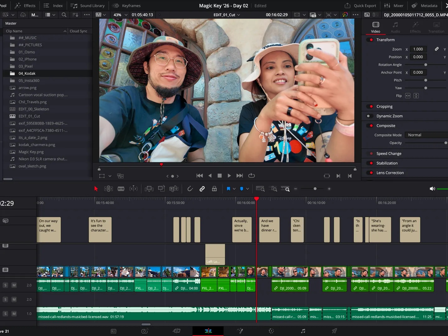 The DaVinci Resolve editing software with a vlog episode open: a clip in the viewer above a timeline of clips, captions and music