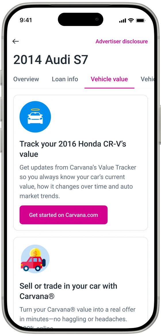 Vehicle value tab: Carvana value tracking and a sell-or-trade-in offer