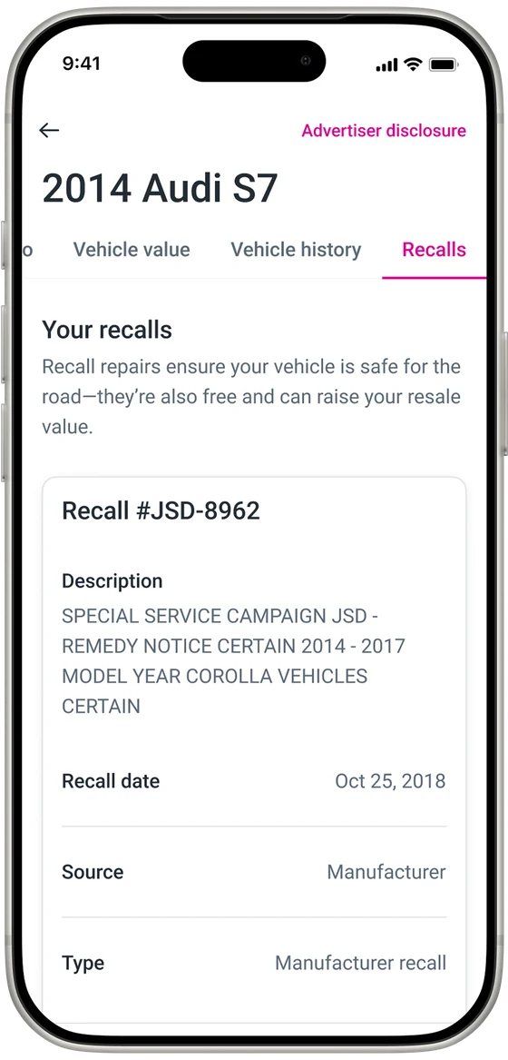 Recalls tab: an open manufacturer recall with its description and date