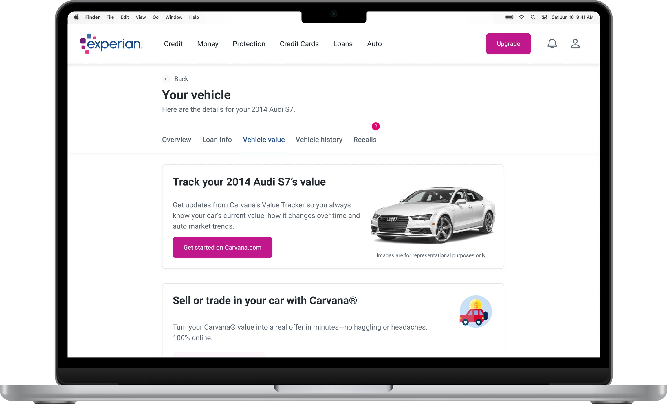 After: the redesigned Auto Hub Vehicle value tab on a laptop, with Carvana value tracking and trade-in offers