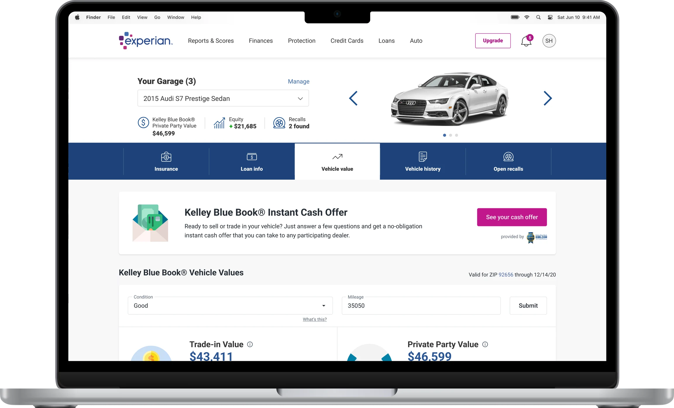 Before: the legacy Auto Hub Vehicle value tab on a laptop, with a Kelley Blue Book instant cash offer
