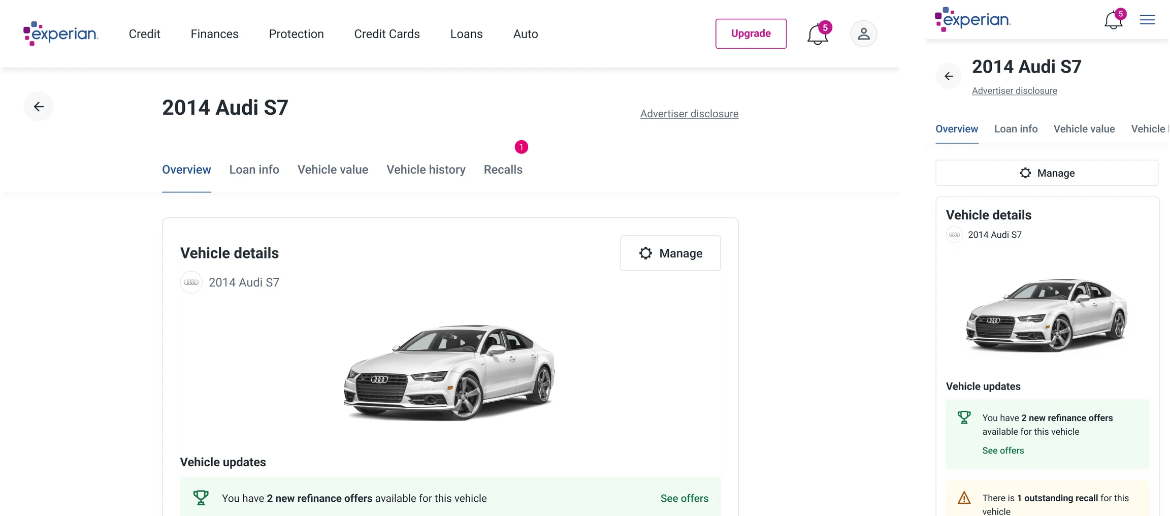 Redesigned Auto Hub vehicle page for a 2014 Audi S7 on desktop and mobile, with refinance offers and a recall alert under Vehicle updates