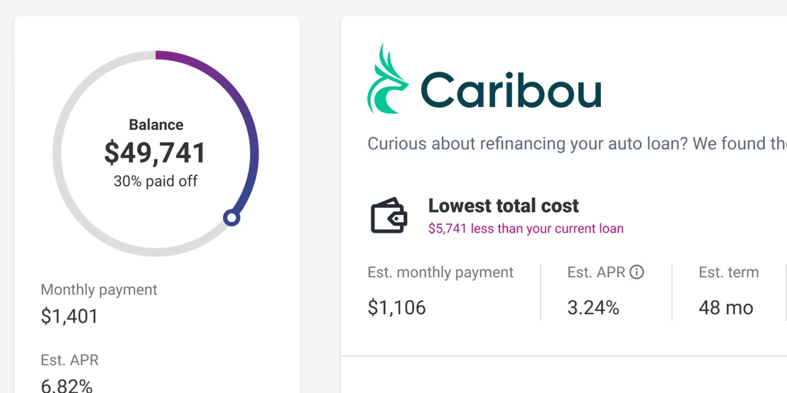 Legacy Auto Hub custom components: a circular loan balance gauge beside a refinance offer card