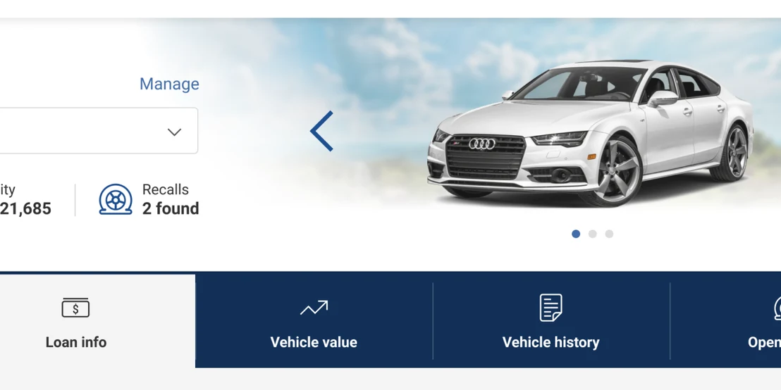 Legacy Auto Hub header: a full-width vehicle carousel with garage stats, above a dark blue tab bar