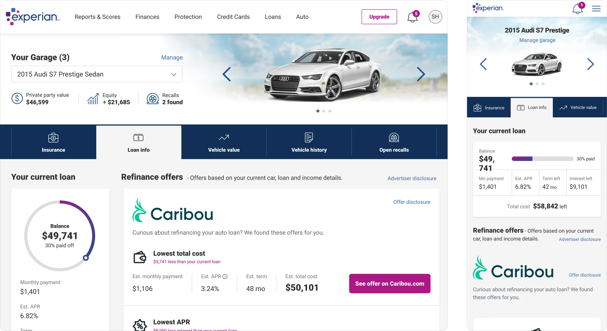 Legacy Auto Hub on desktop and mobile web: a garage carousel above a dark blue tab bar, with loan details and refinance offers