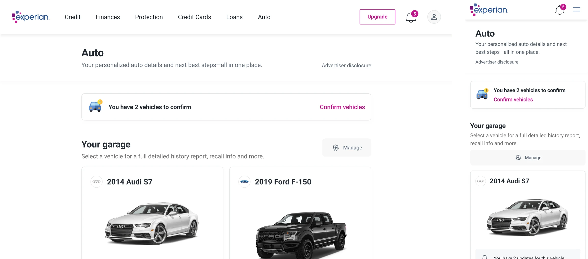 Auto garage on desktop and mobile with a "You have 2 vehicles to confirm" prompt above a 2014 Audi S7 and a 2019 Ford F-150