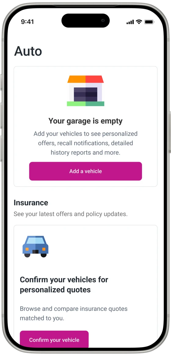 Redesigned Auto page on a phone with an empty garage, above an insurance card inviting the user to confirm their vehicles for personalized quotes