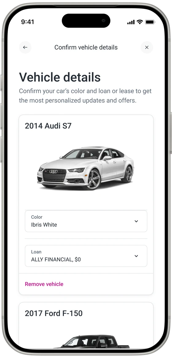 Vehicle details for the 2014 Audi S7: color and loan, with the 2017 Ford F-150 below