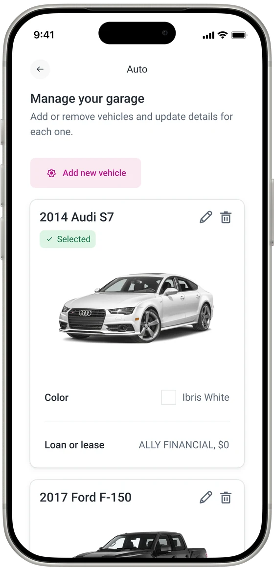 Manage your garage on a phone, listing the 2014 Audi S7 and the 2017 Ford F-150 with their details