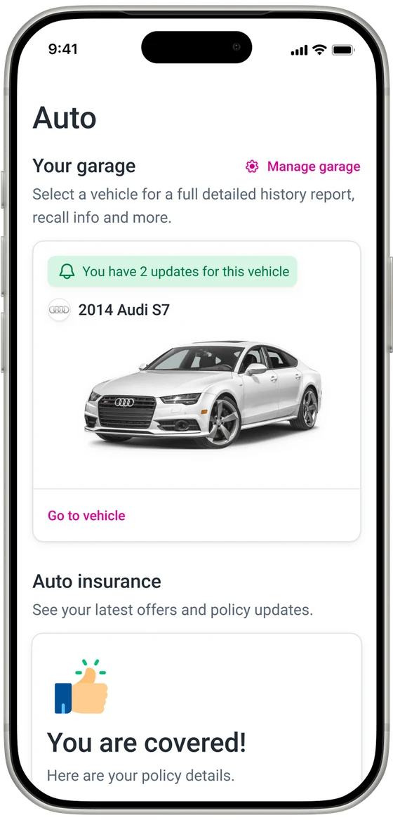 Redesigned Auto Hub garage on a phone: a 2014 Audi S7 with two updates, above an auto insurance card