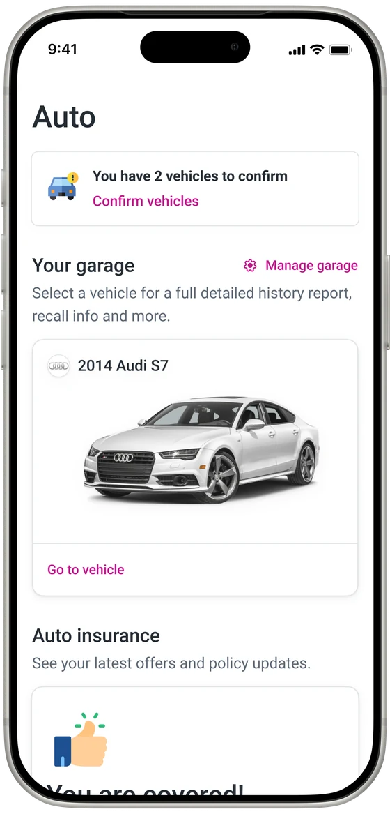 Auto page later on: a prompt that two new vehicles are ready to confirm, above the garage with the 2014 Audi S7
