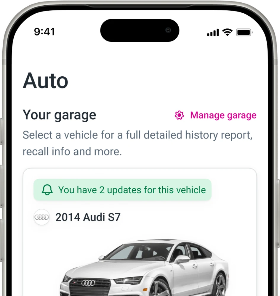 Redesigned Auto Hub garage screen on a phone, showing a 2014 Audi S7 with two updates