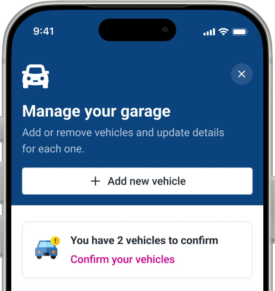 Manage your garage screen on a phone, prompting the user to confirm two vehicles