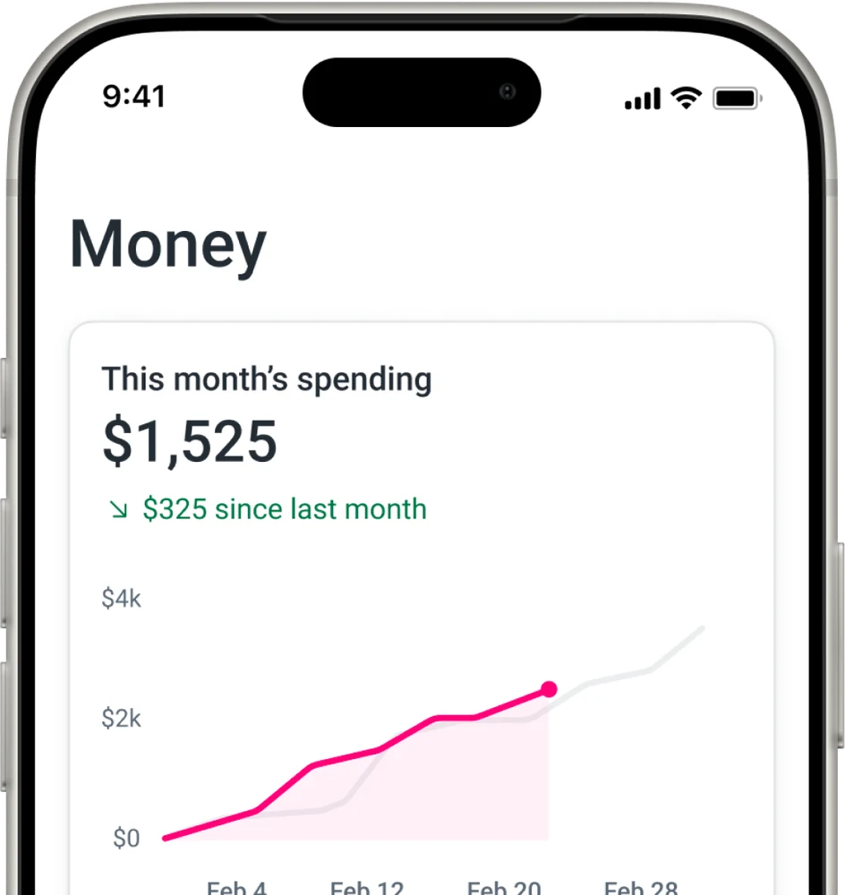 PFM Money screen on a phone, showing this month's spending compared with last month