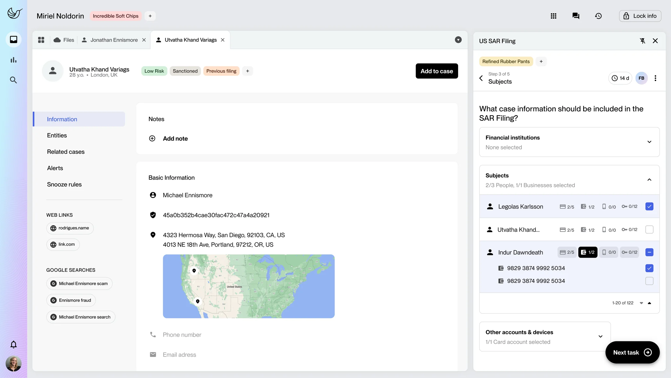 A subject's page inside a case: notes, basic information with two addresses on a map, web links and saved searches, with a US SAR filing panel open alongside at step 3 of 5, choosing which subjects and accounts to include