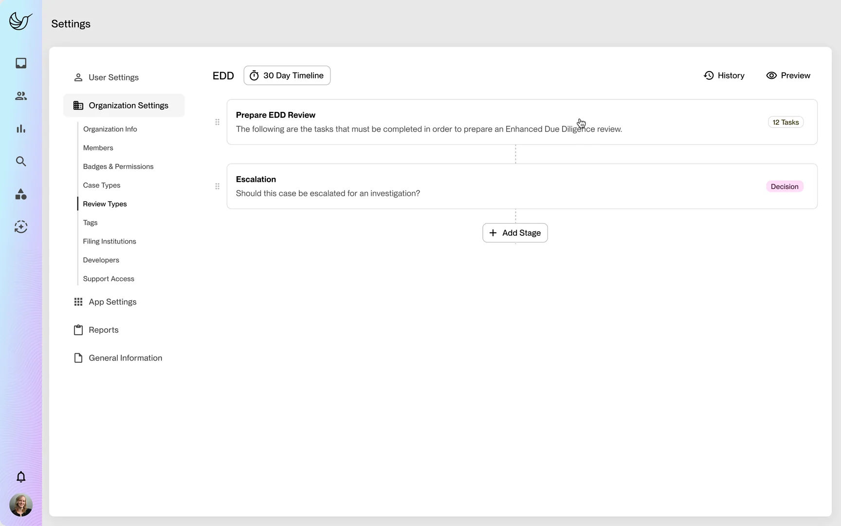 Settings for an Enhanced Due Diligence review type: two stages, Prepare EDD Review with 12 tasks and an Escalation decision, on a 30-day timeline, with an Add Stage button