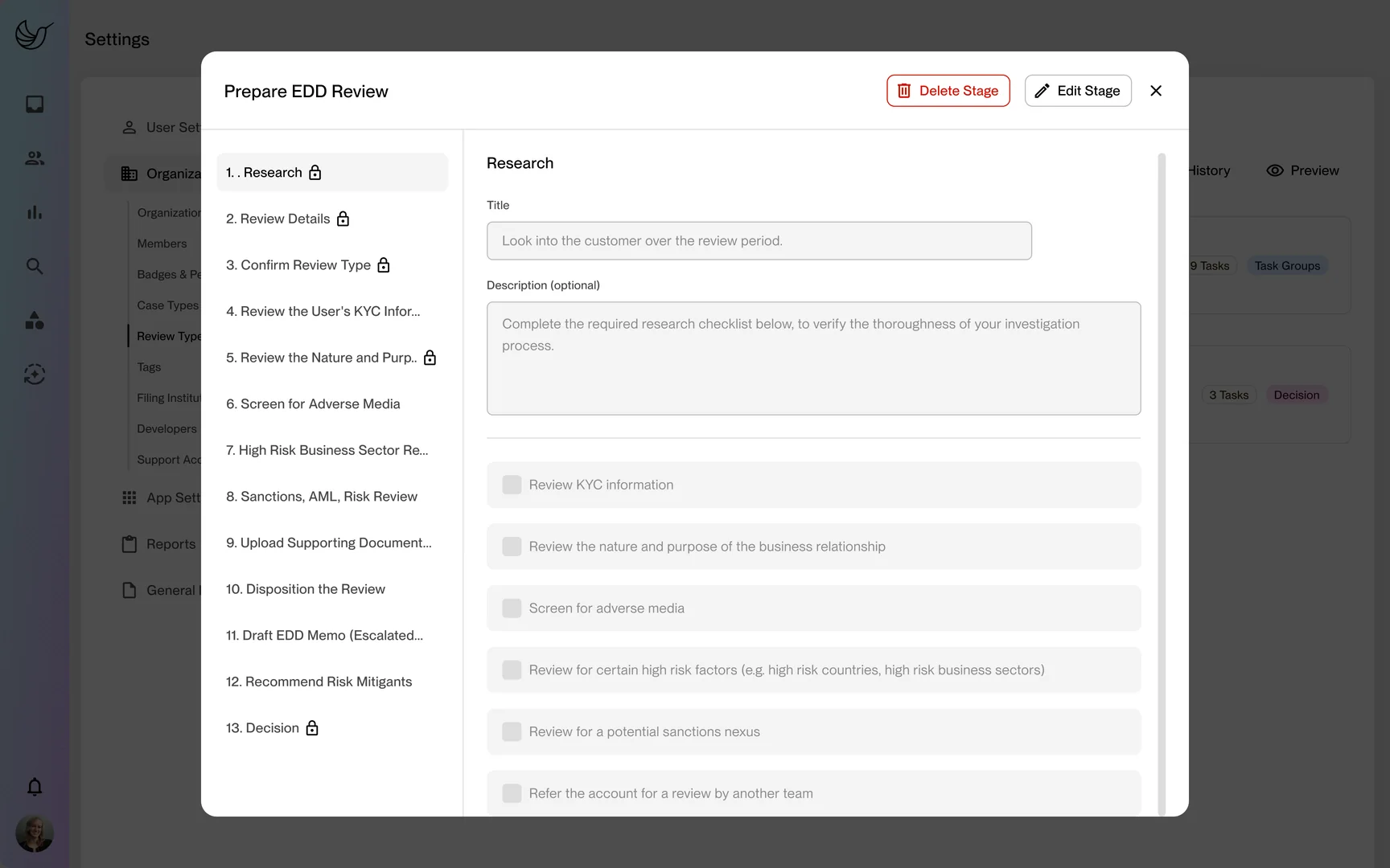 The Prepare EDD Review stage opened: its 13 tasks listed on the left, some marked with a lock, and the Research task's title, description and checklist on the right