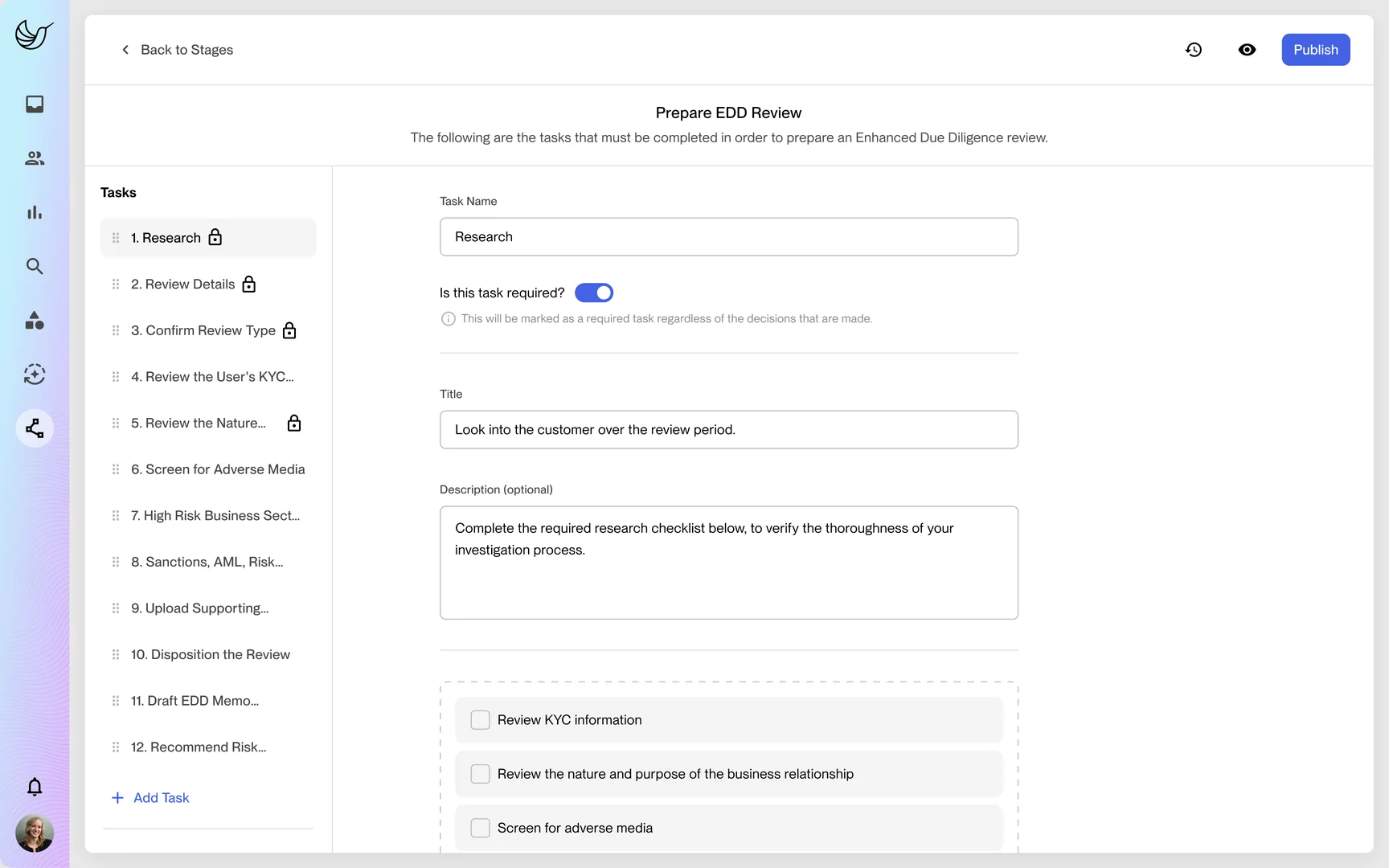 The stage editor: the task list on the left, and the Research task's name, a required toggle, title, description and checklist, with a Publish button