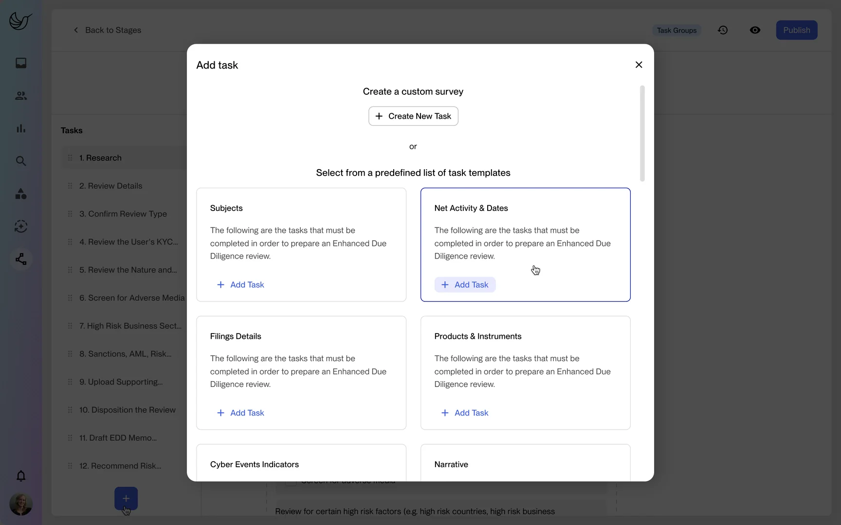 The Add task dialog: create a custom task, or pick from predefined task templates such as Subjects, Net Activity & Dates, Filings Details and Products & Instruments