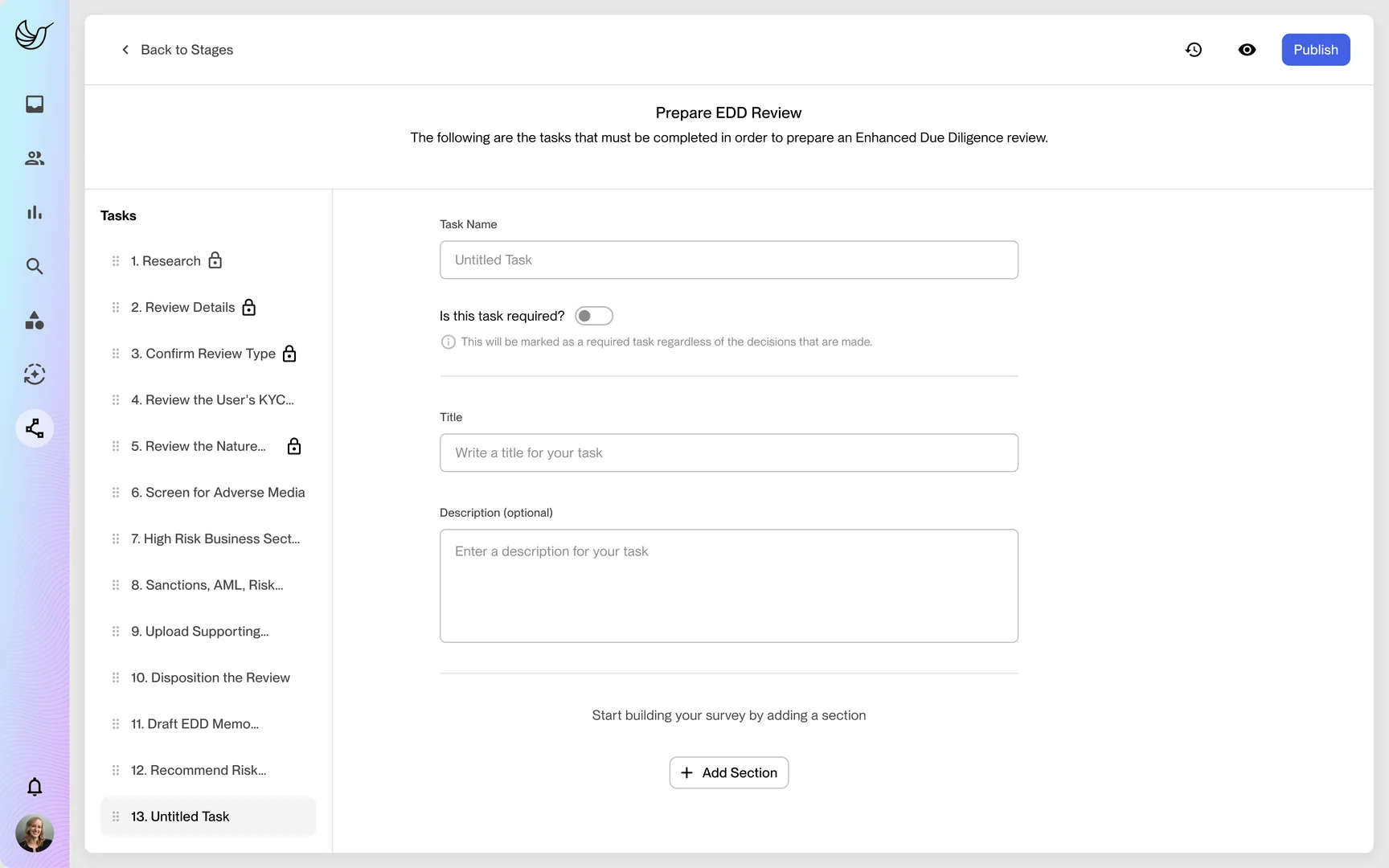A new untitled task added to the end of the task list, with empty name, title and description fields and an Add Section button