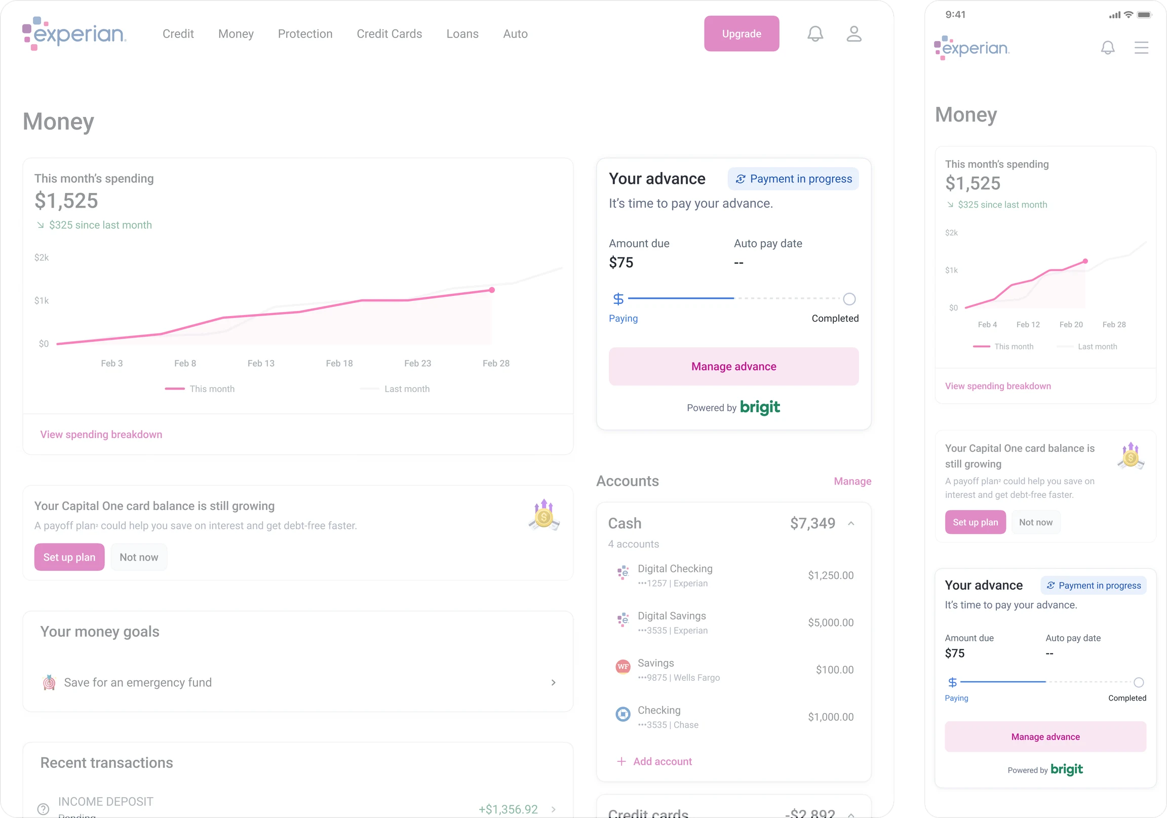 Money Hub on desktop and mobile with a cash advance in progress: on desktop the “Your advance” widget sits top right beside the spending chart; on mobile it stacks below the spending chart and a payoff plan prompt. The widget shows $75 due, a payment progress bar, a Manage advance button and “Powered by Brigit”