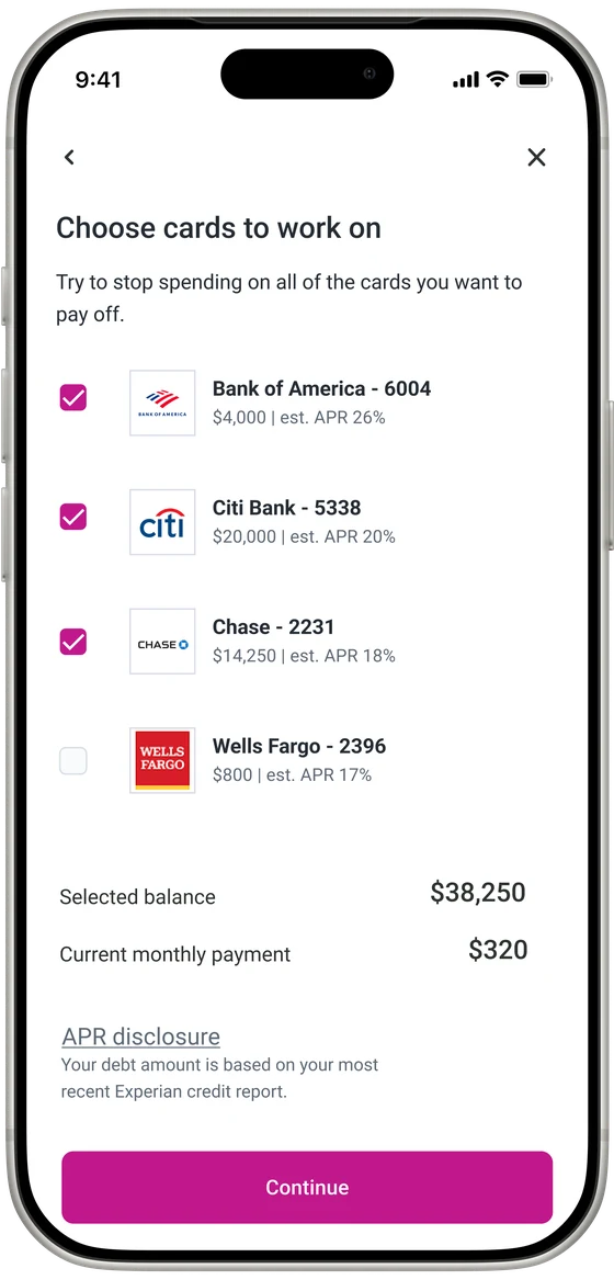 Choose cards to work on: credit cards with balances and estimated APRs, three selected, with the selected balance, current monthly payment and an APR disclosure