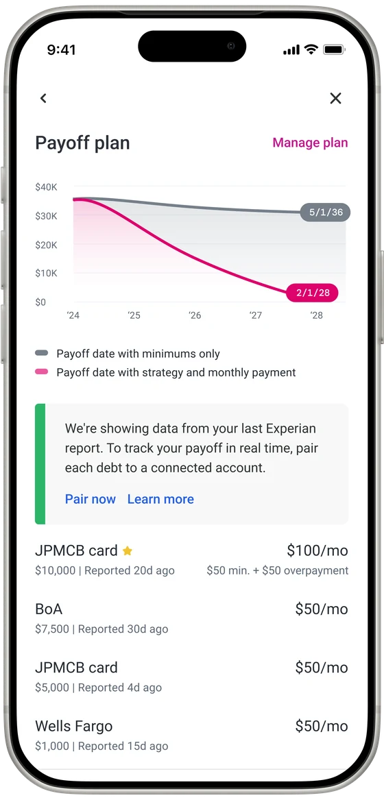 Payoff plan: payoff dates with minimums only and with the strategy, a prompt to pair each debt to a connected account for real-time tracking, and the monthly amount for each card