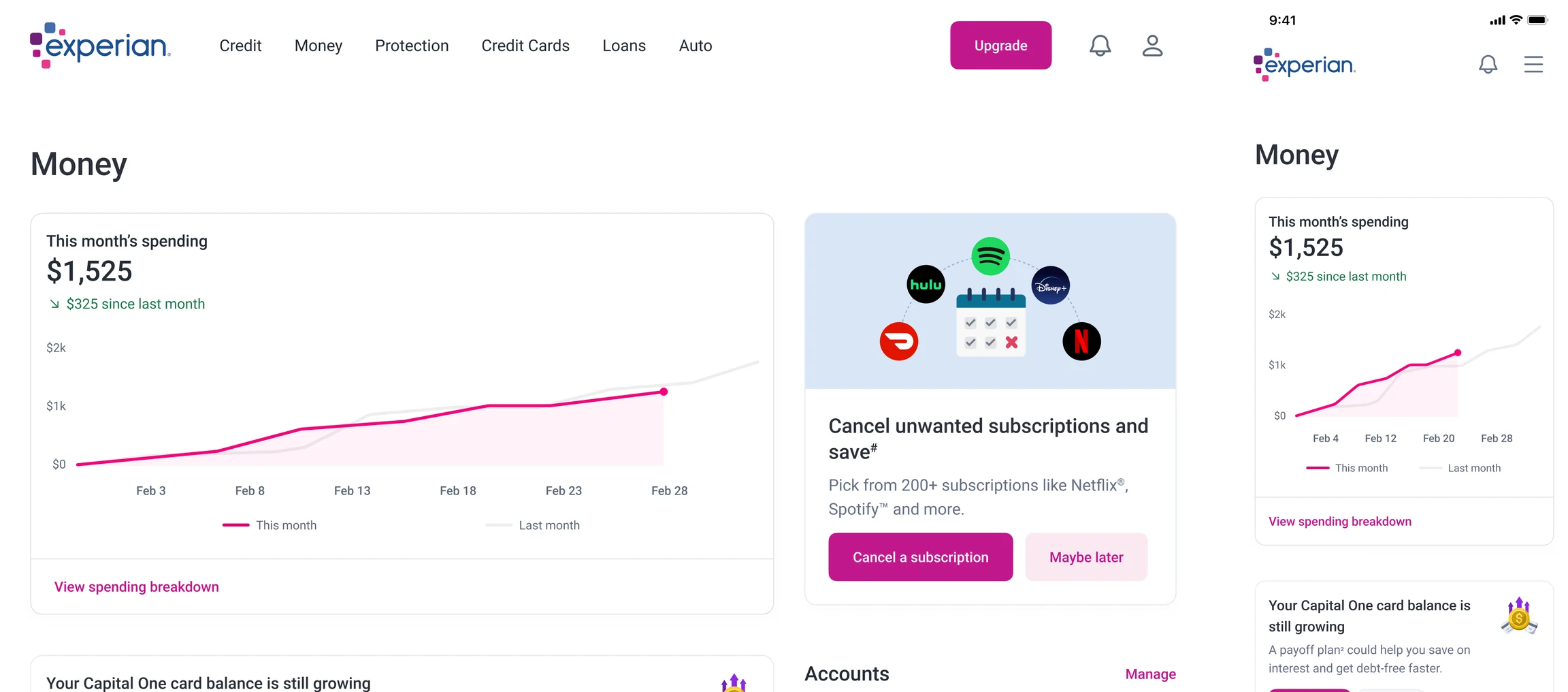 Money Hub on desktop and mobile: this month's spending against last month, an offer to cancel unwanted subscriptions, a payoff plan prompt and linked accounts