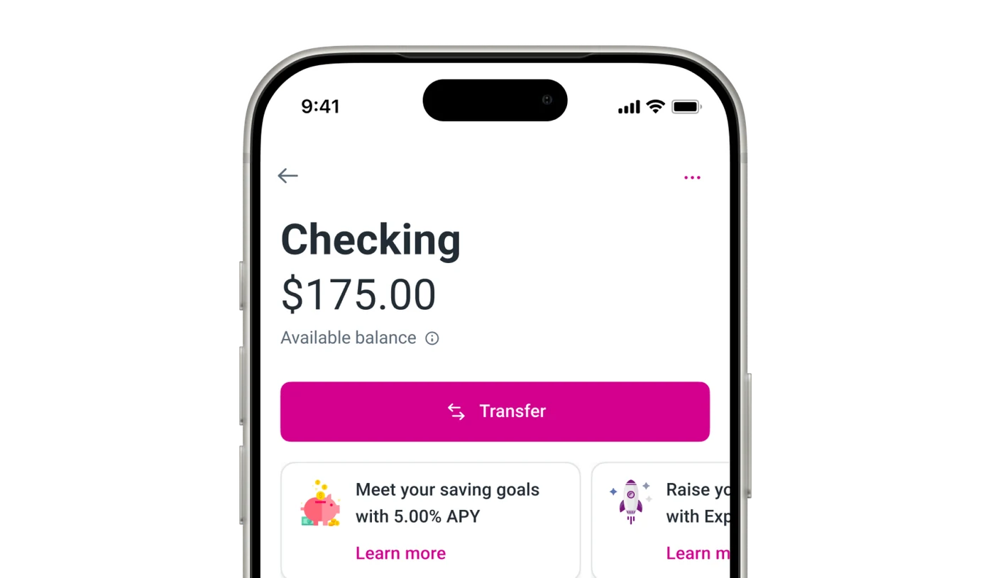 Personal banking on a phone: a checking account's available balance with a Transfer button