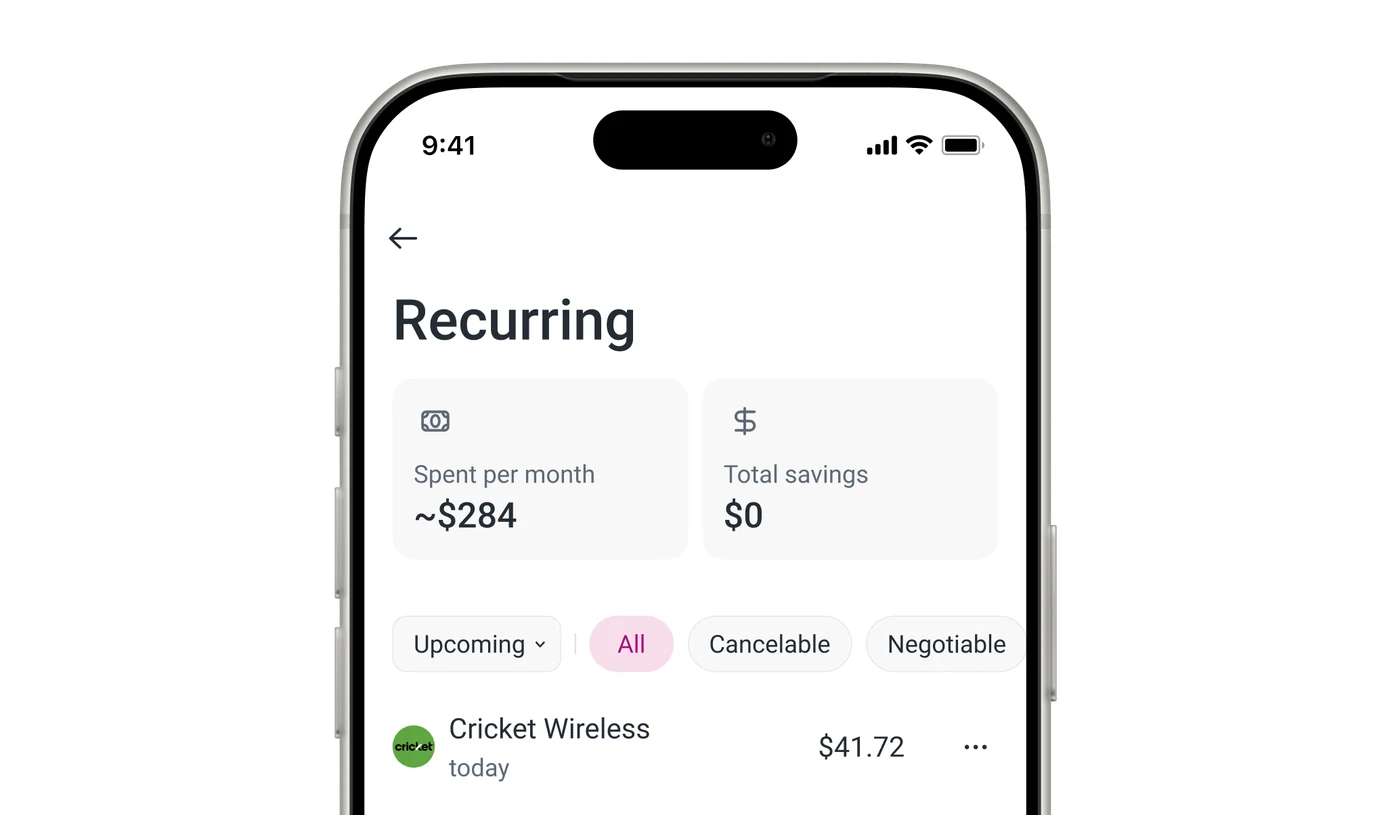 Recurring bills on a phone: monthly recurring spend and total savings, with filters for upcoming, cancelable and negotiable bills