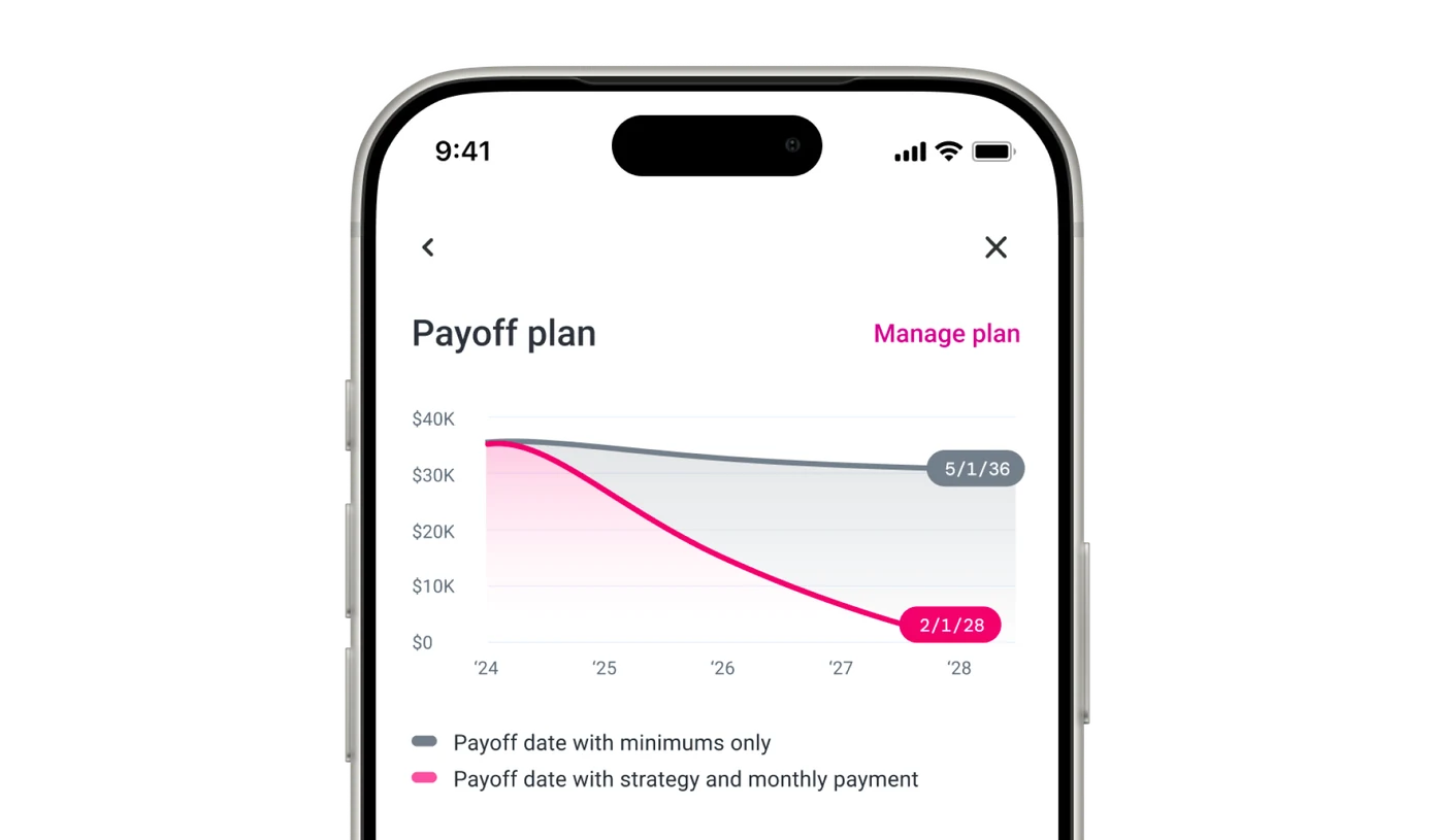Debt management on a phone: a payoff plan comparing minimum payments with a payoff strategy