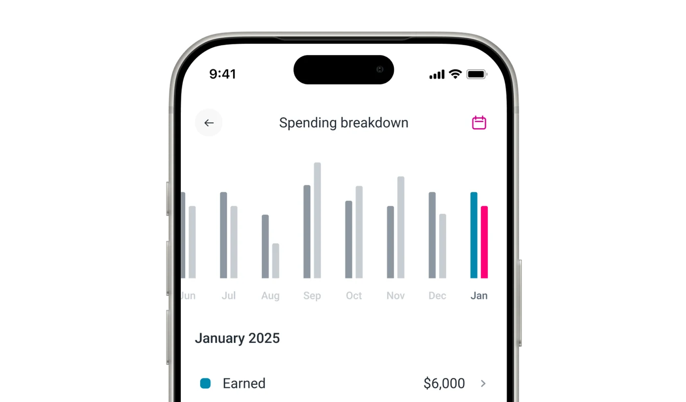 Spending breakdown on a phone: earned and spent by month, with January 2025 selected