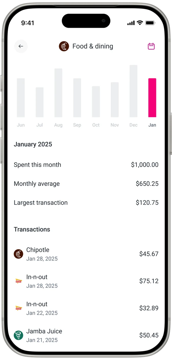 Food & dining category detail: a month-by-month bar chart with January highlighted, the month's total, monthly average and largest transaction, and the transactions behind it