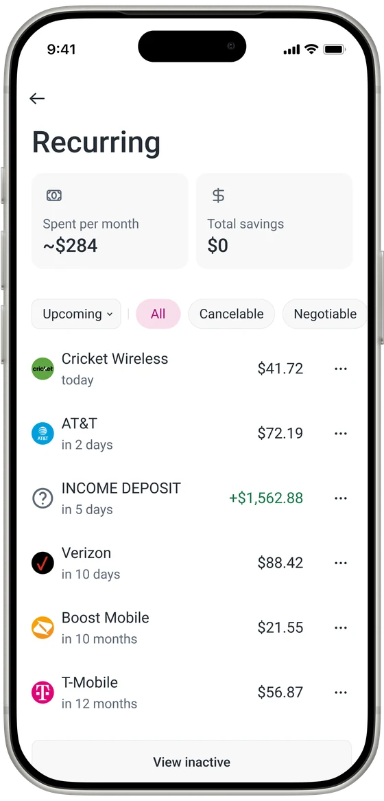Recurring bills: spent per month and total savings, filters for upcoming, cancelable and negotiable bills, and a list of upcoming charges with due dates