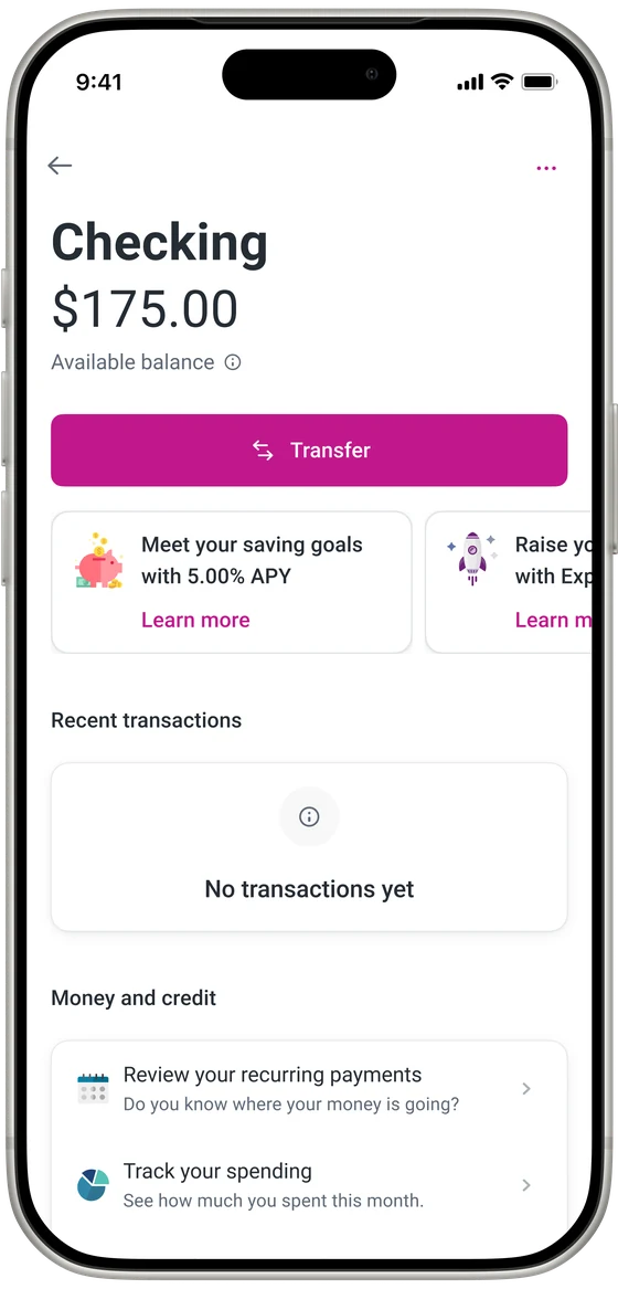 Personal banking checking account: available balance with a Transfer button, savings offers, an empty recent transactions state and links into other Money Hub features