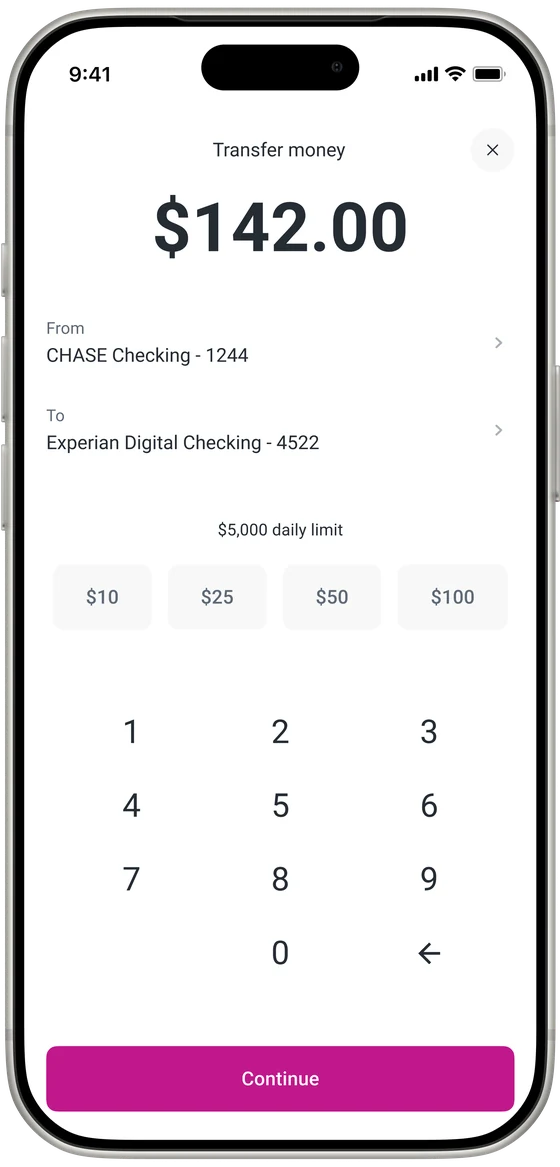Transfer money: an amount keypad with quick amounts, moving money from a linked bank account into the Experian checking account